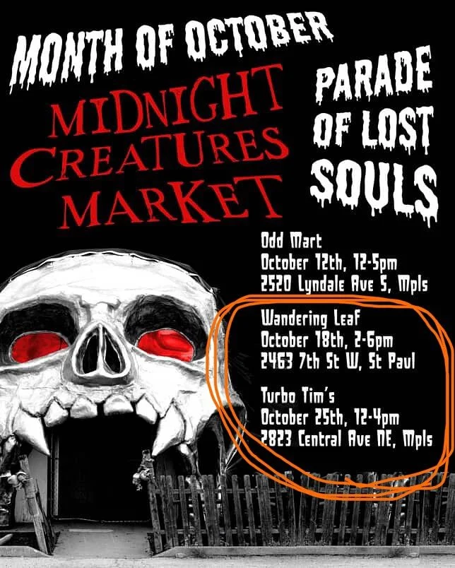 Our October Markets!
🎃 @wanderingleafbrewing on Saturday, October 18 ~ 2-6pm
💀 @turbotims on Saturday, October 25 ~ 12-4pm

Here&rsquo;s a few pieces we&rsquo;ll have with us. We&rsquo;re working on lots of new pieces specifically for spooky season