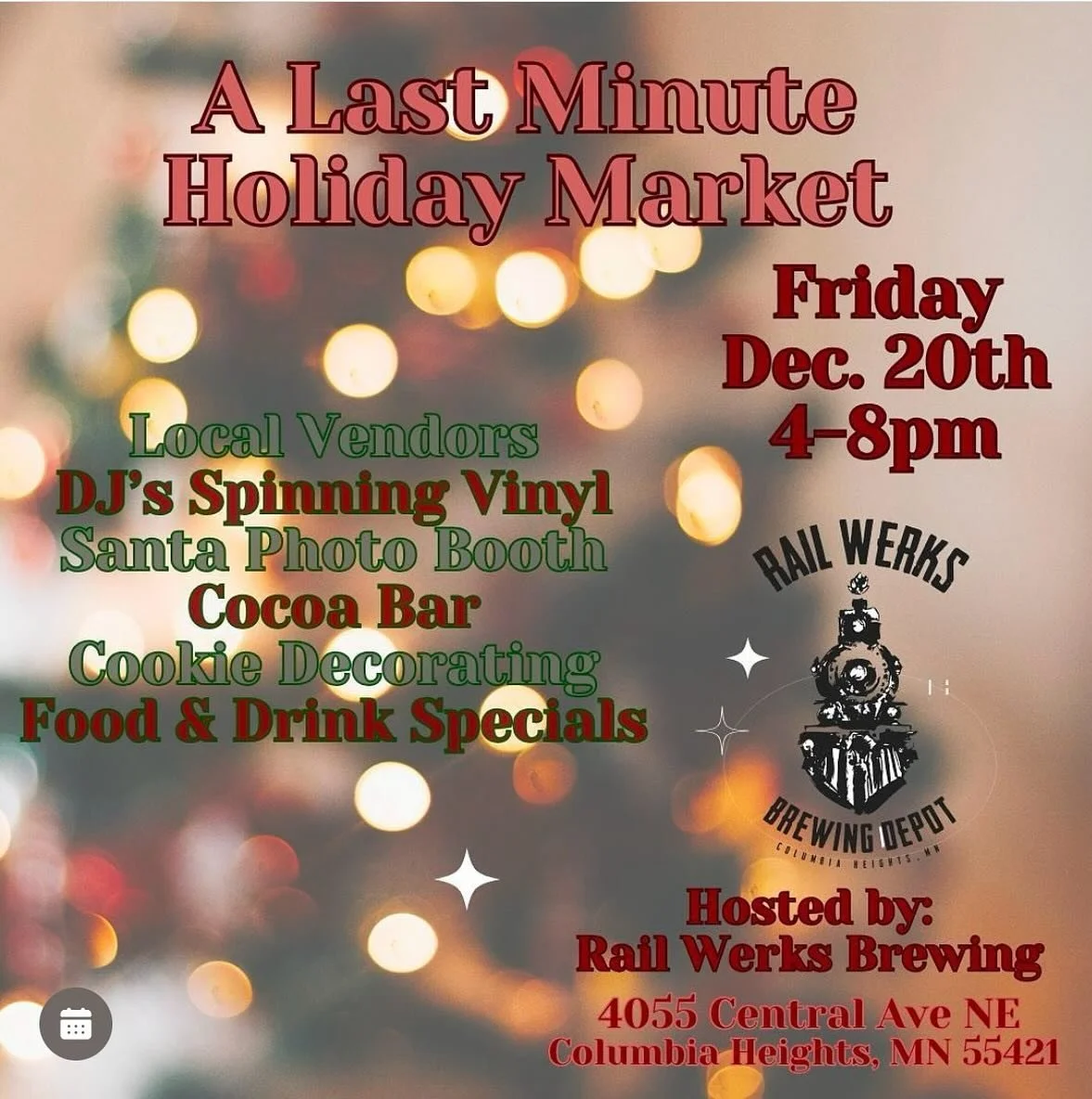 Tomorrow is our last market of the holiday season!!! 
Come to @railwerksbd from 4-8 for all sorts of festive fun and local art!