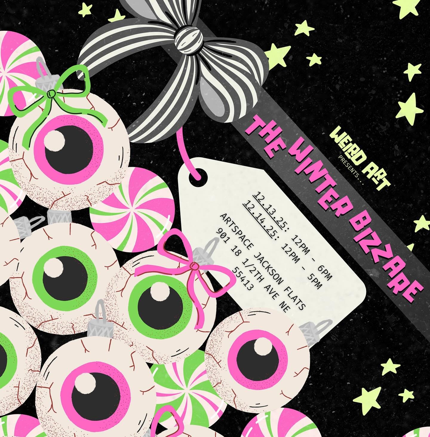 Set up for day 2 of @weirdart.mpls The Winter Bizarre!! Join us at @jacflats from Noon-5pm today for festive holiday weird 👻