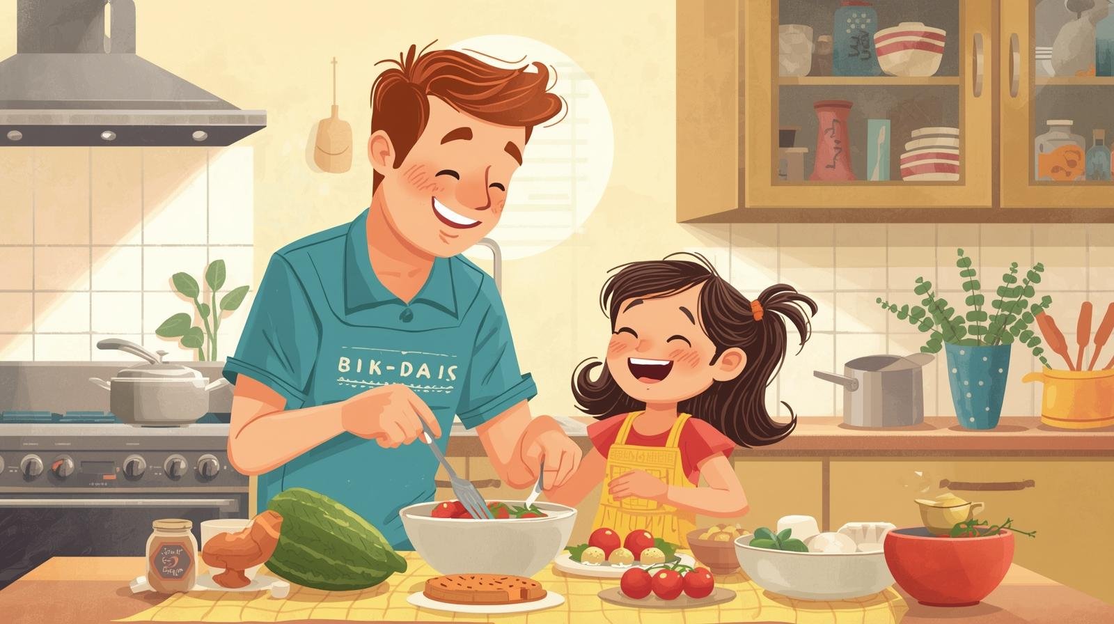 create a cartoon photo of a child and dad cooking.jpg
