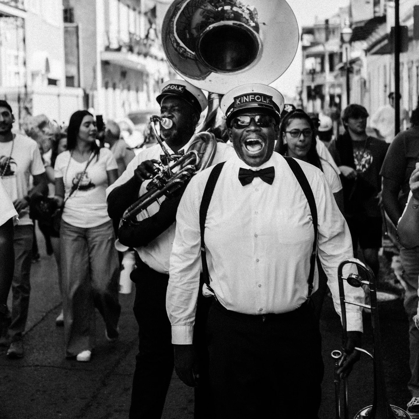 @kinfolkbrassbandnola strolling through the New Orleans French Quarter October 12, 2024 #neworleans #frenchquarter #leicaq343 #bw #streetphotography