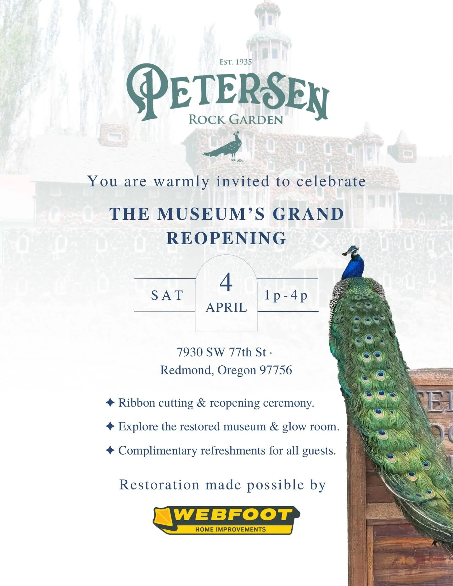 The Museum&rsquo;s Grand Reopening is a week from tomorrow! The ribbon cutting will be at 1:00. The Acme hot dog food truck will be there. We will have complementary sweets. Webfoot will have free non-alcoholic drinks and a raffle. There will be a si