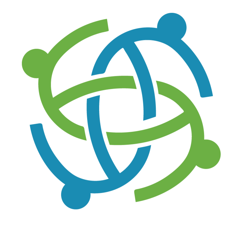 Interlocking blue and green gears forming a circular pattern representing collaboration and teamwork.