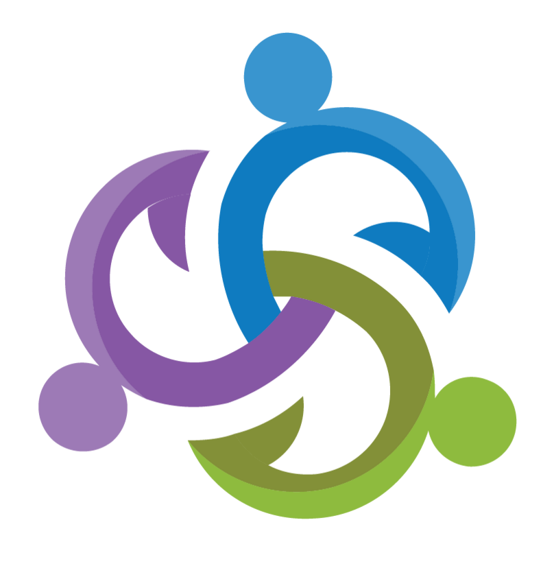 Colorful abstract geometric design with overlapping circles and curves in blue, purple, green, and yellow.
