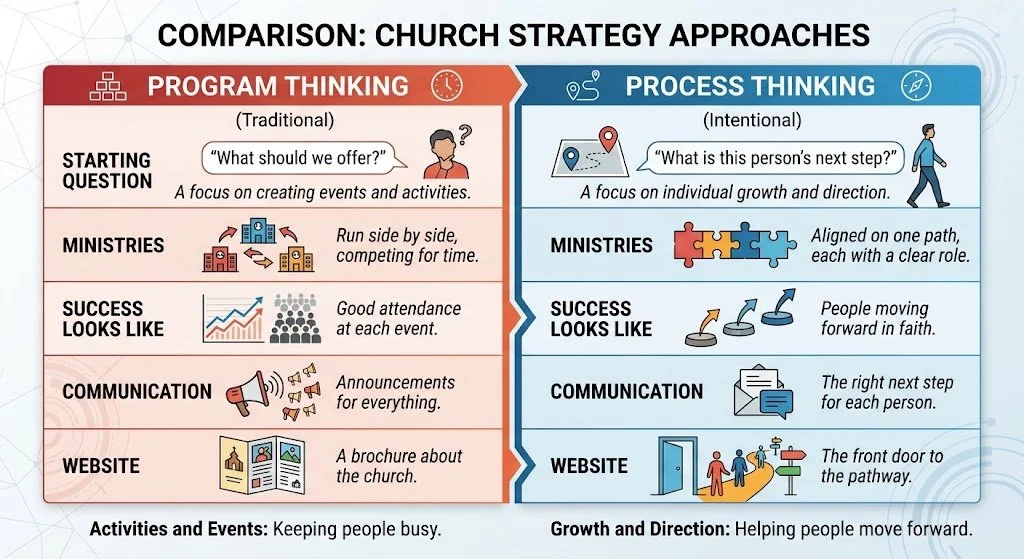 Comparison chart of church strategy approaches, contrasting Program Thinking and Process Thinking. Program Thinking focuses on creating events and activities, with ministries running side by side and competing for time, success seen in attendance, and communication through announcements. Process Thinking emphasizes individual growth with ministries aligned on one path, success seen in people moving forward in faith, with communication tailored to each person, and a website as the pathway. The chart highlights activities and events versus growth and direction.