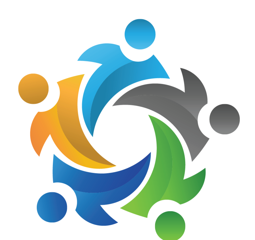 Colorful abstract representation of four human figures holding hands in a circular formation, symbolizing teamwork and collaboration.