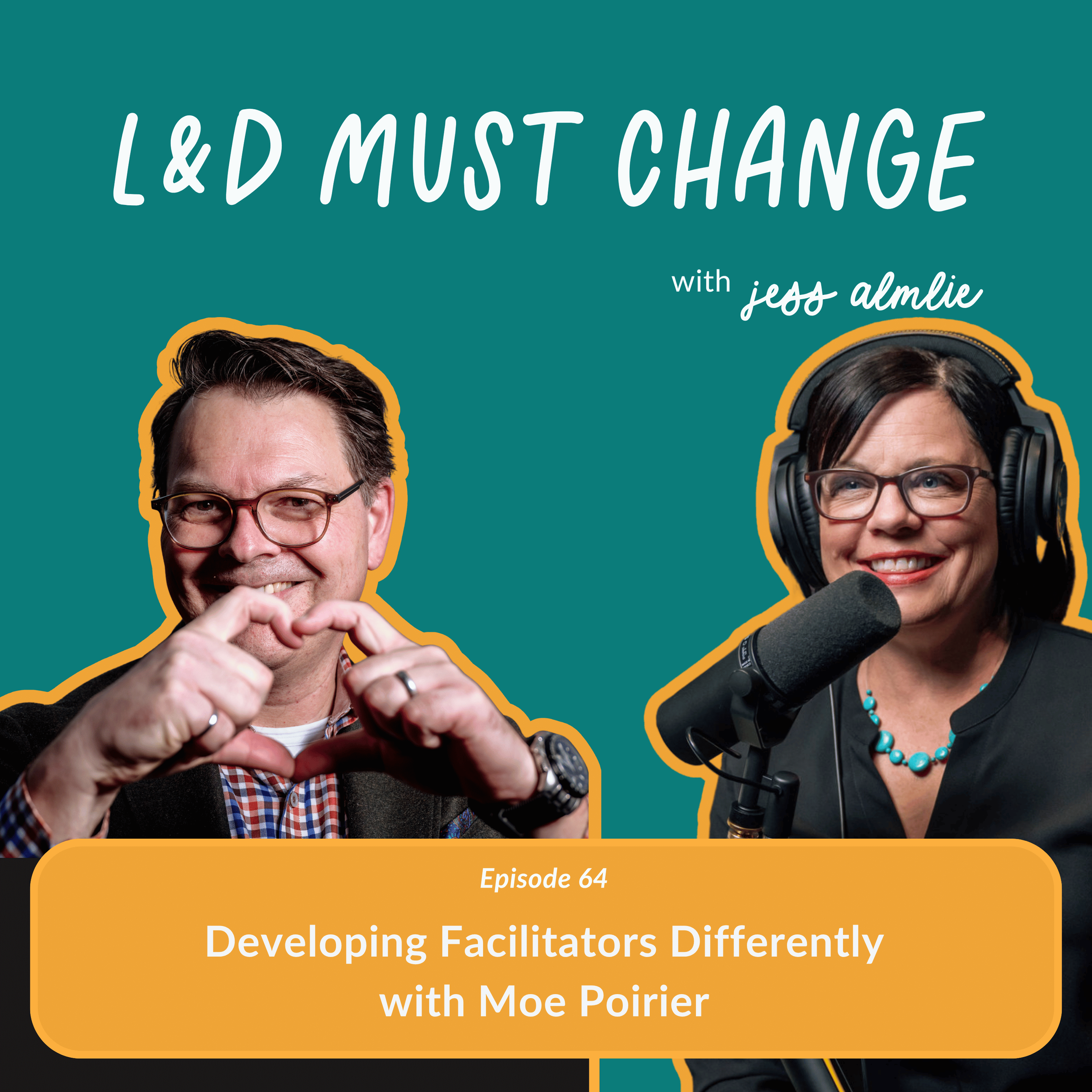 Podcast host Jess Almlie smiles sitting at the microphone while guest Moe Poirier smiles and makes a heart shape with his fingers.