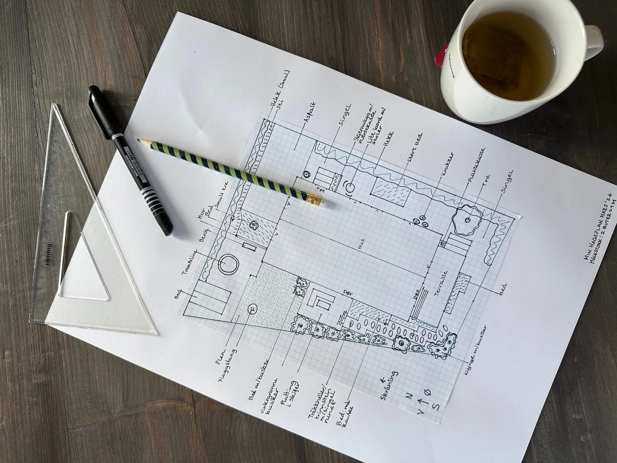 En enkel hageplan laget i kurset "Min hageplan" hos Hagerom Design.