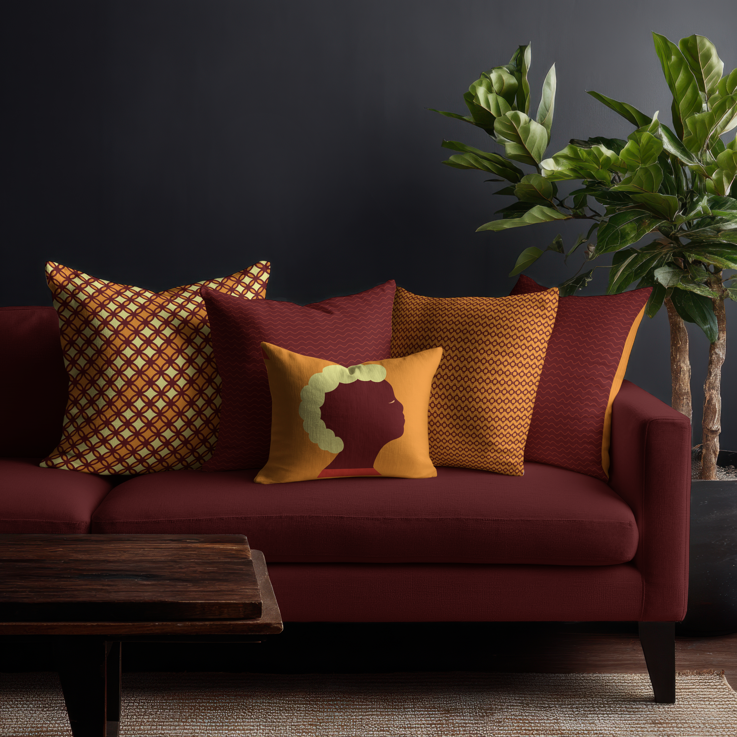 Asenya Living cushions in caramel, plum, and kiwi.