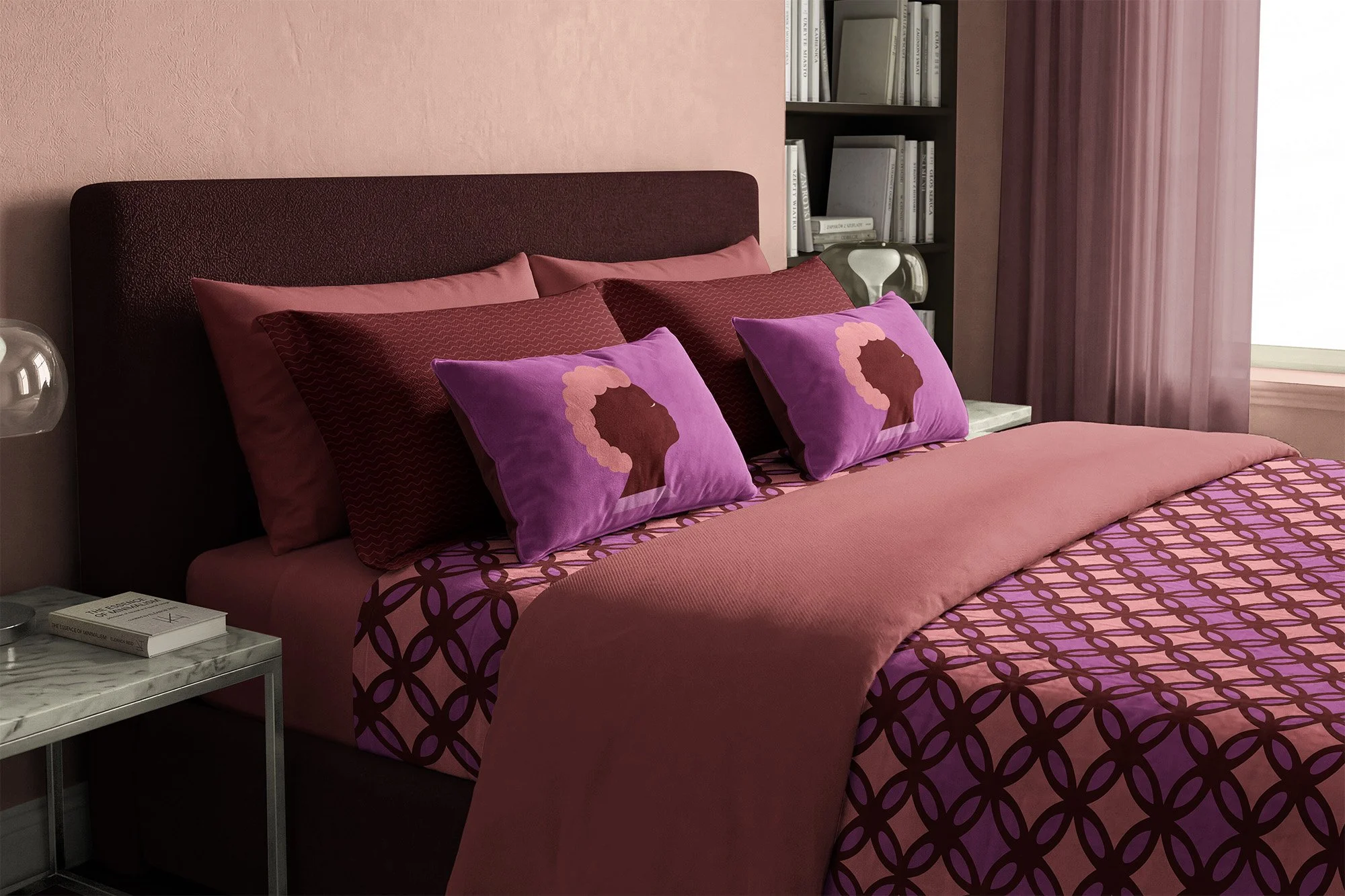 Ohemaa bedding collection shown in plum.