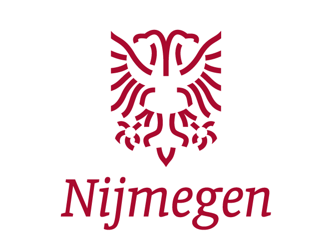 A stylized maroon eagle with outstretched wings and a symmetrical design, with the word 'Nijmegen' written below it in maroon text.