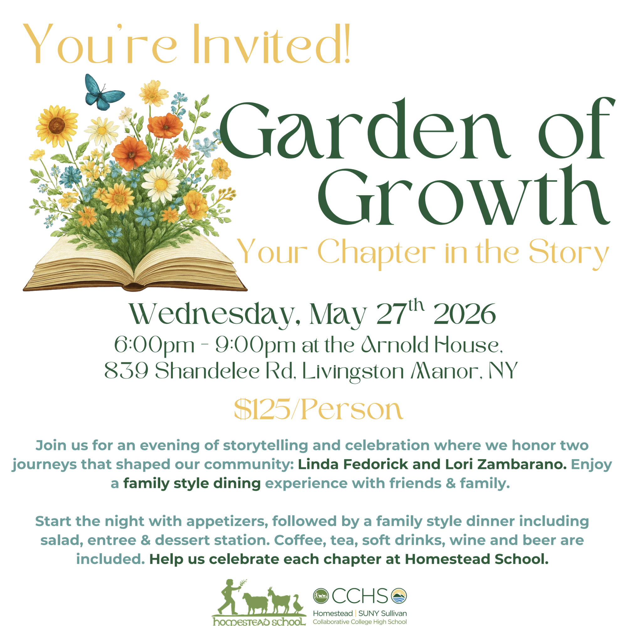 Invitation to a fundraising event with a floral design, an open book with flowers and a butterfly, event details including date, time, location, price, and description in green and gold fonts.