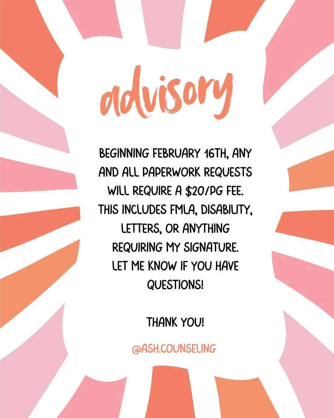 This isn&rsquo;t me being fancy, it&rsquo;s me valuing my time (and yours 😉). Paperwork = clinical work, and boundaries = better care.

If you have questions, just reach out. I&rsquo;ve got you.
&mdash; Ashley 🤍