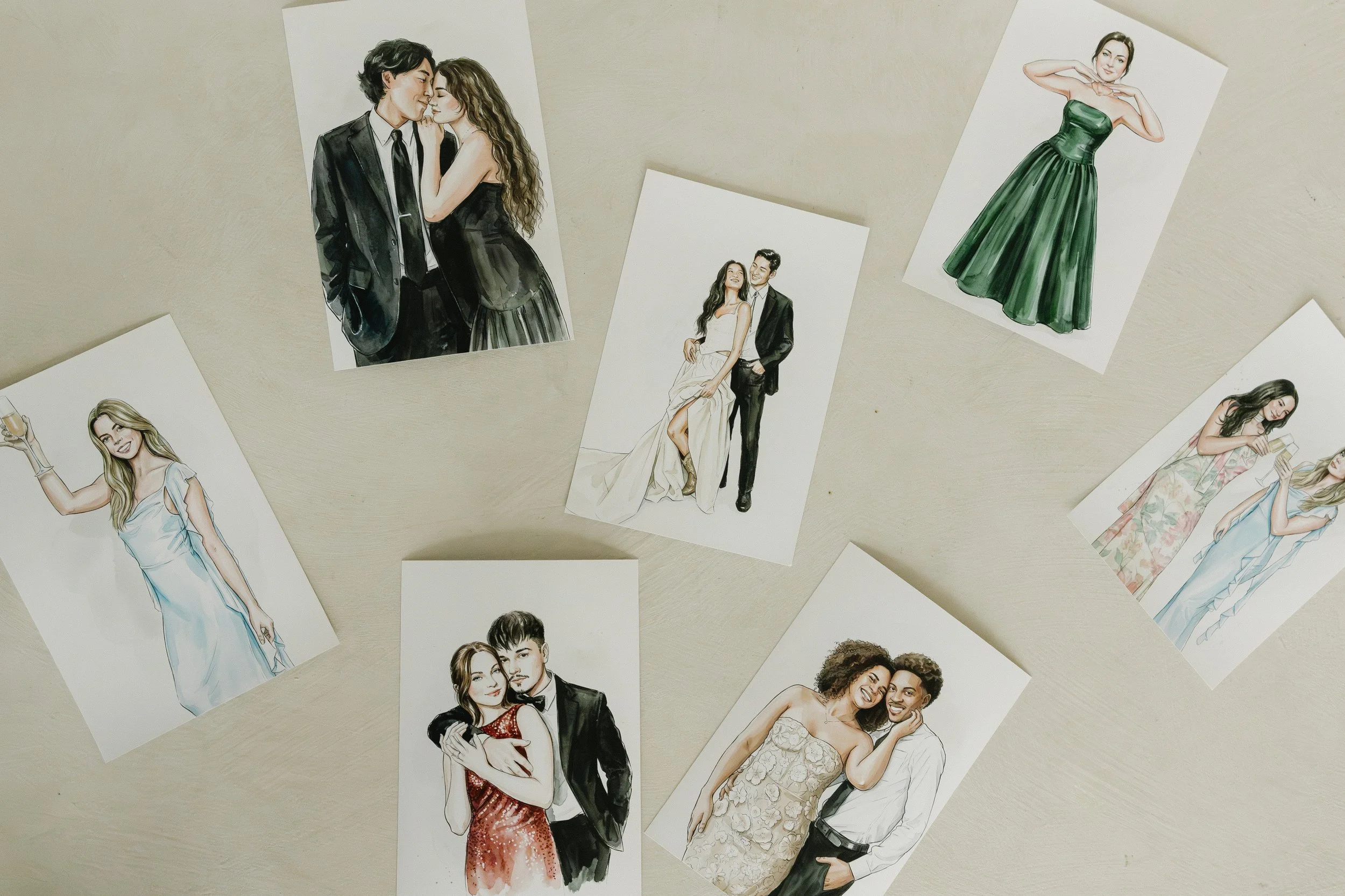 AI watercolor couple portrait from Lumen Events KC Kansas City wedding photo experience—soft hand-painted rendering of bride and groom