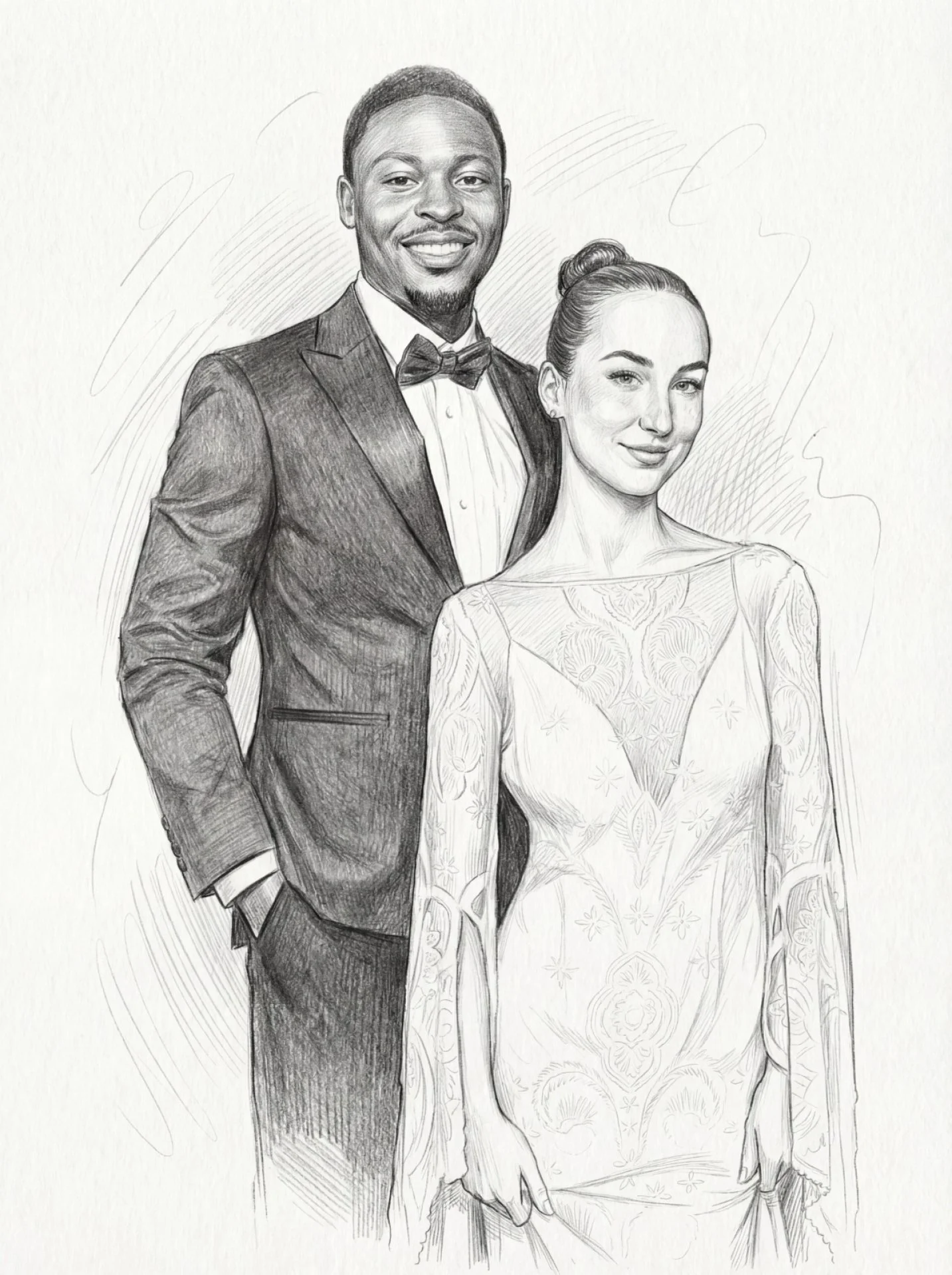 Black man in a tuxedo with bow tie and a woman in a patterned dress with a bun hairstyle, both smiling, professionally drawn pencil sketch.