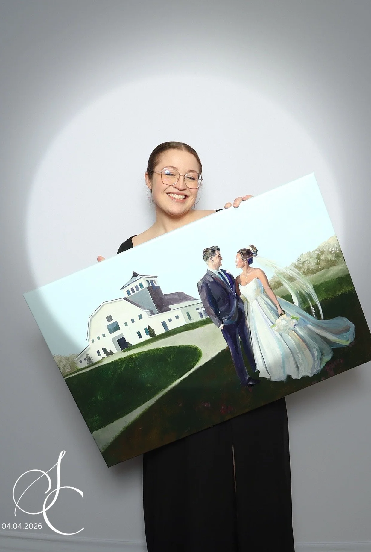 Spotlight Booth portrait with circular light, SC monogram, formal attire