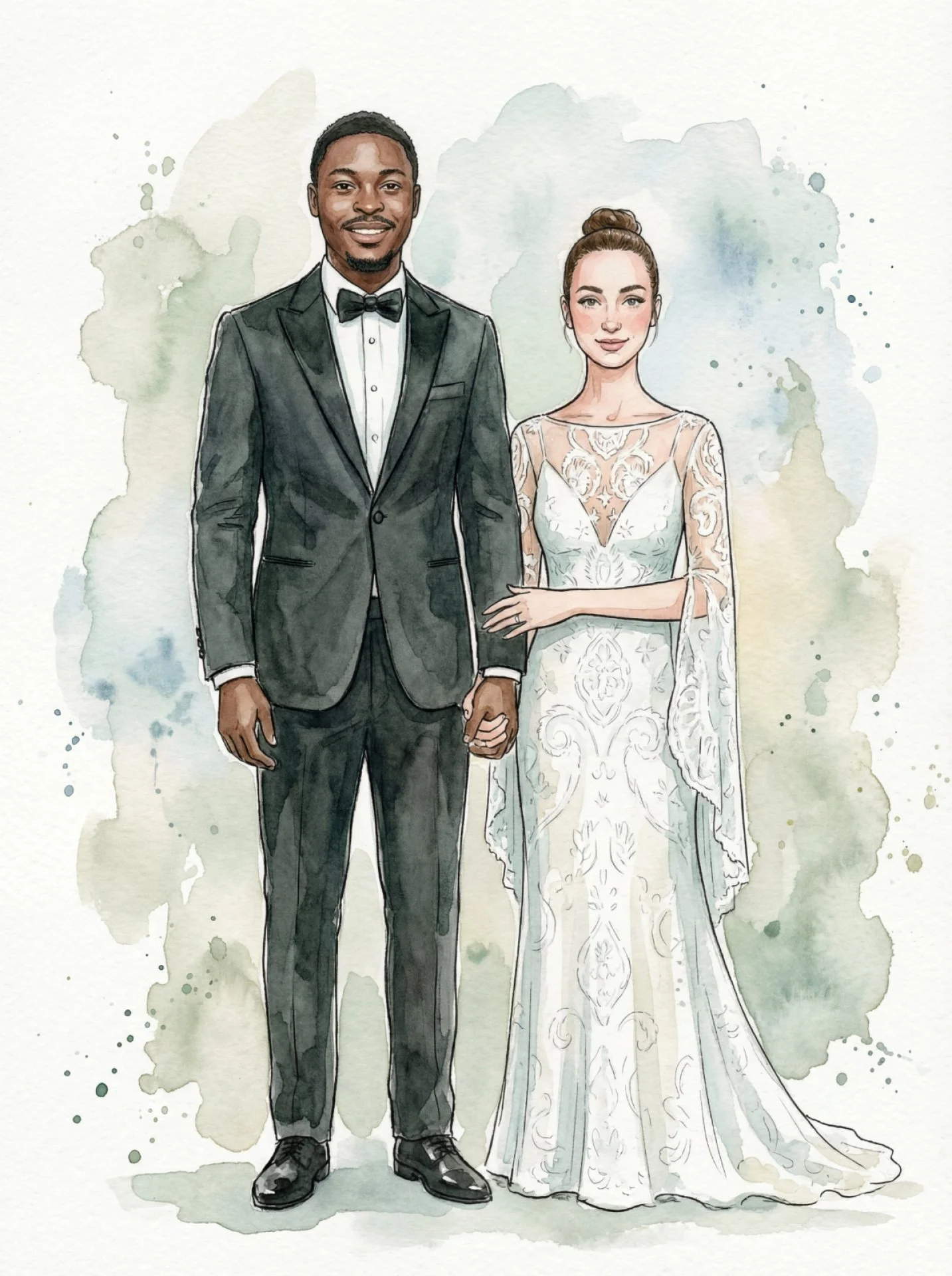 Bride and groom watercolor portrait generated by AI photo booth at Kansas City wedding