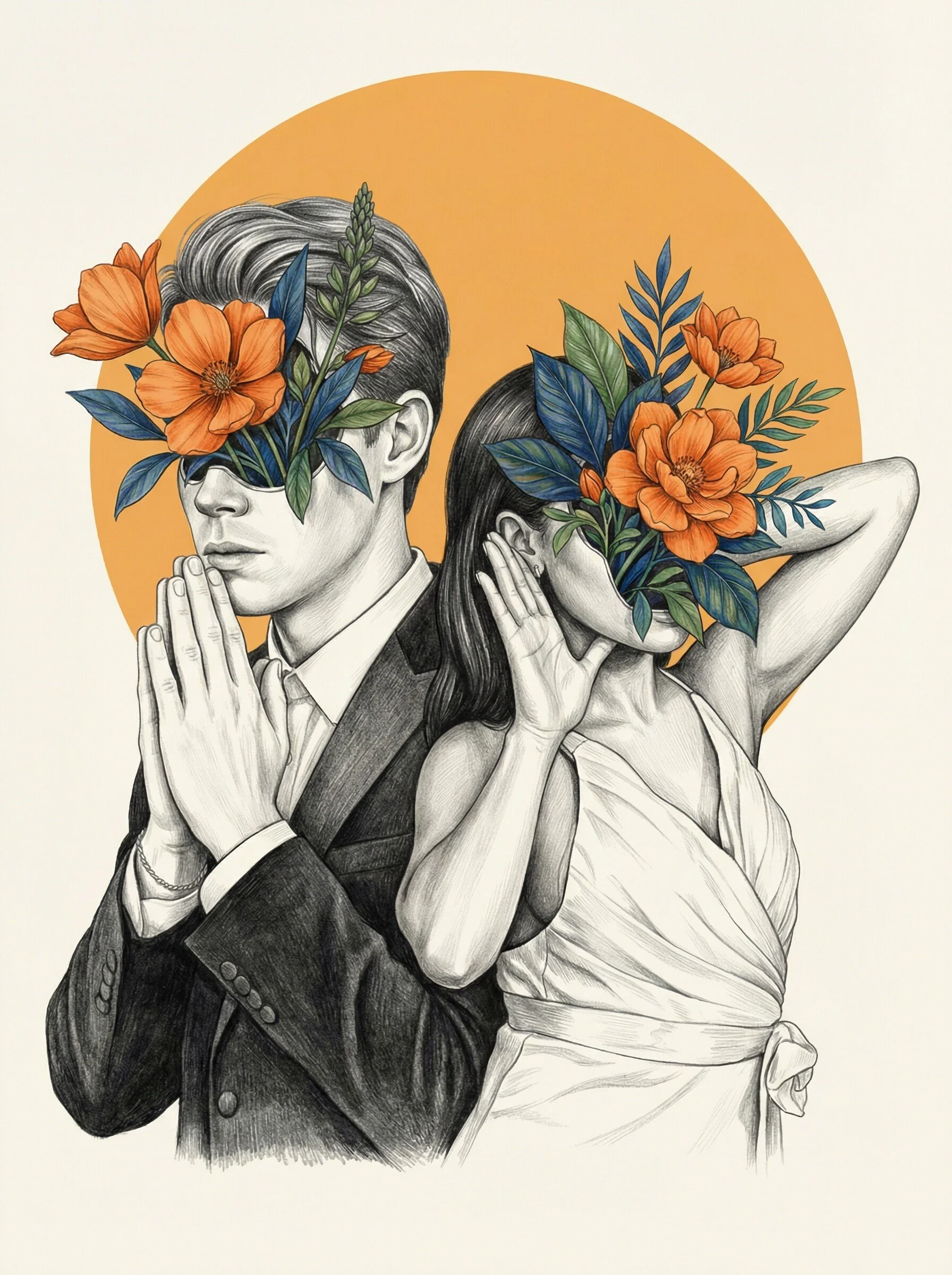 Creative AI photo booth portrait with botanical illustration overlay and orange sunset backdrop