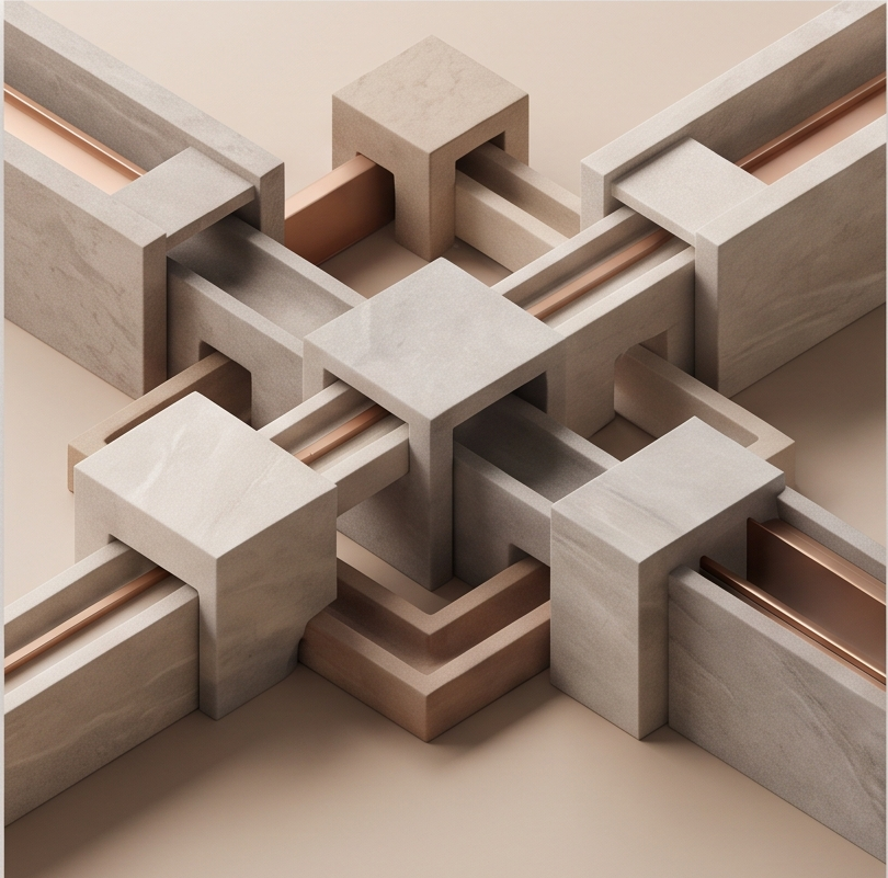 Close-up view of an abstract geometric sculpture made of marble and metallic elements with interlocking rectangular and square shapes.