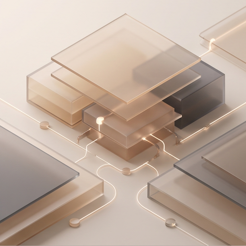 Futuristic layered structures connected by glowing circuit-like lines, with some layers transparent and others opaque in neutral tones.