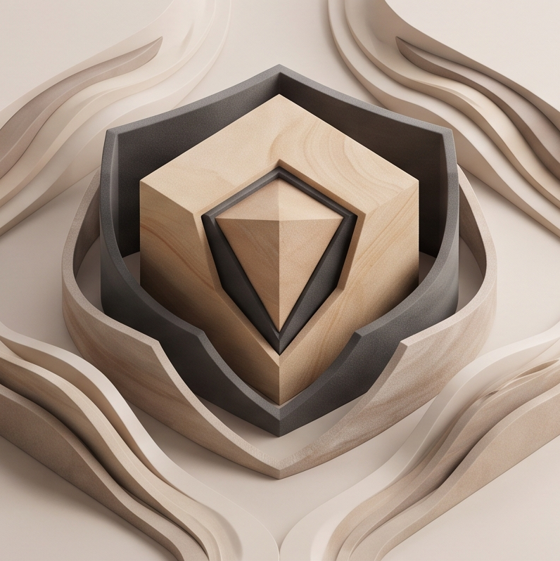 A layered wooden and plastic geometric sculpture resembling a shield with a diamond-shaped emblem in the center, surrounded by wavy wood and plastic layers.