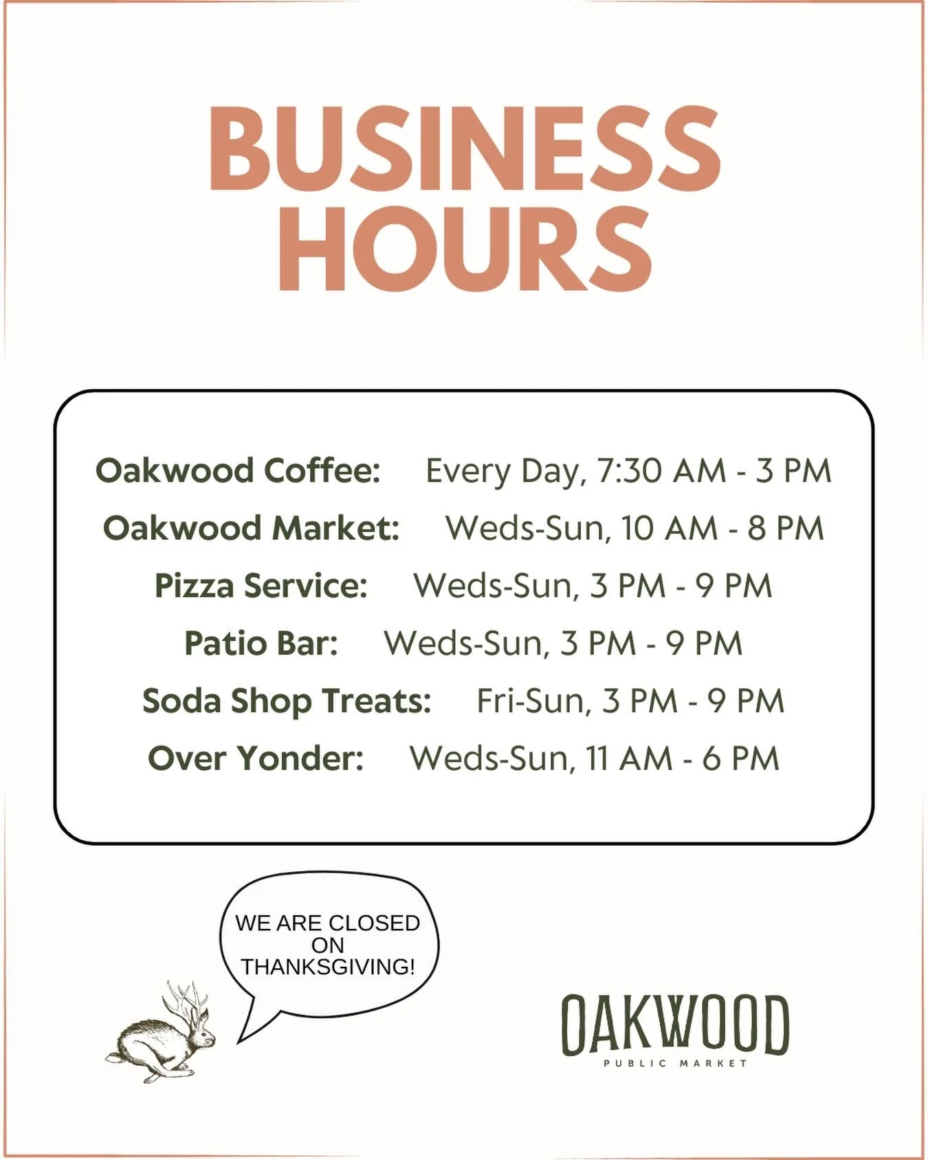 Our hours have shifted a bit; Here&rsquo;s our Thanksgiving week schedule so you know exactly when to stop by for coffee, shopping, or a bite to eat. 🍕 

Wishing you a warm &amp; cozy holiday week. 🌿