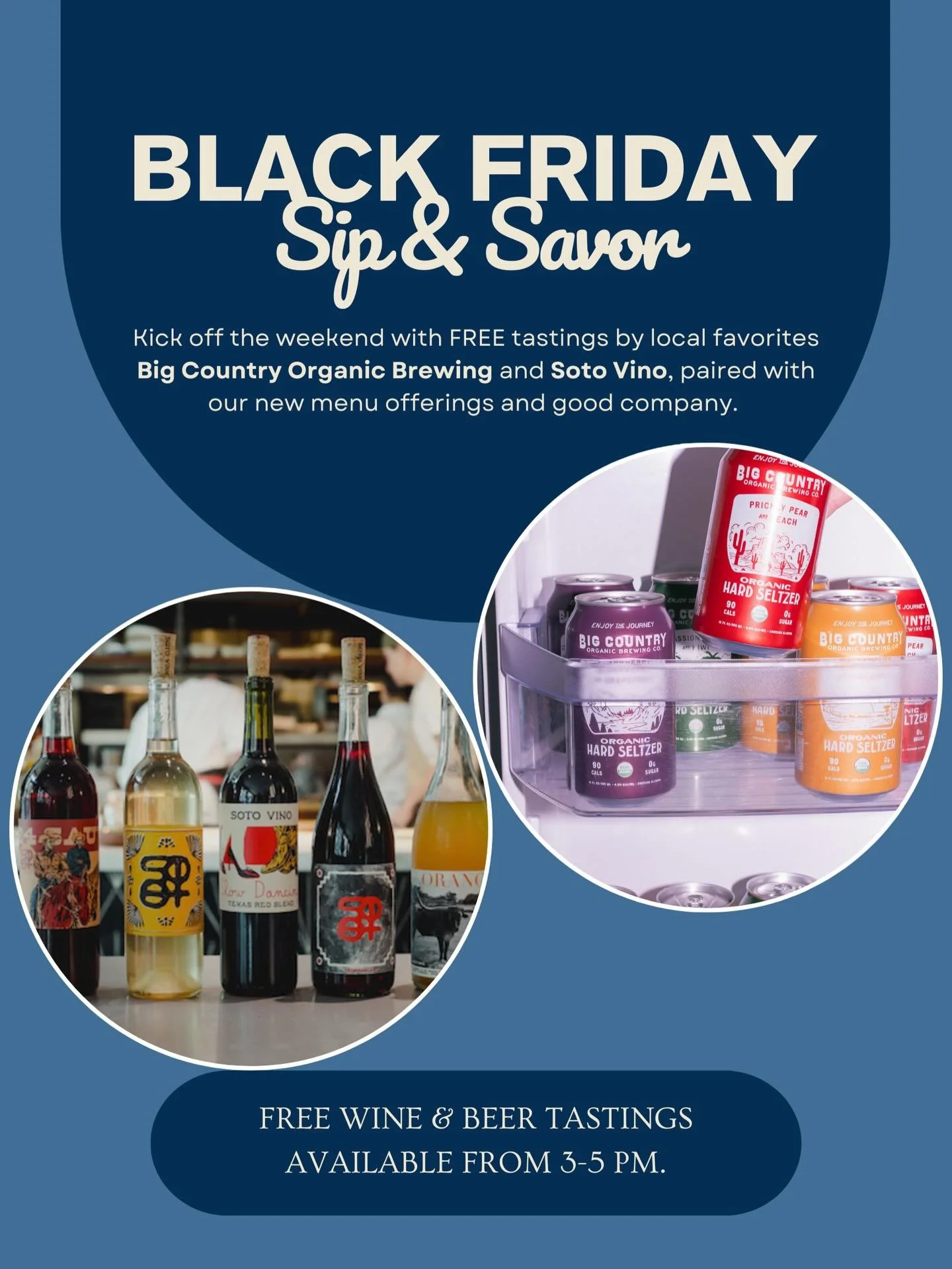 Kick off Black Friday the right way &mdash; with a tasting at Oakwood.

Enjoy complimentary pours from Big Country Organic Brewing and Soto Vino Wines today from 3&ndash;5 PM.
Sip, shop, eat, and make an afternoon of it. 🤍