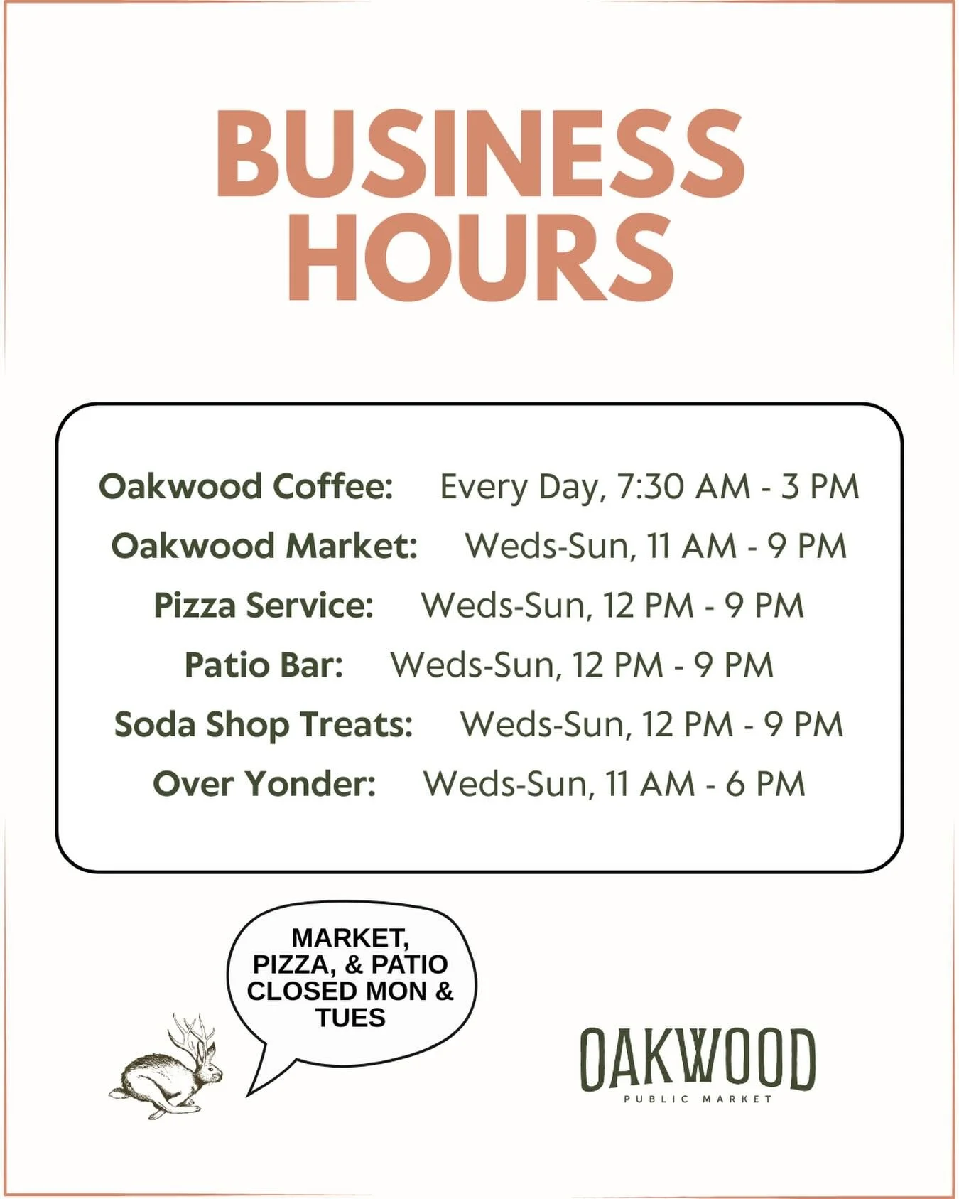 A little more time under the oak. 🌳

Updated hours are here:
🍕 Pizza, Bar &amp; Soda Shop: 12&ndash;9 PM
🛒 Market: 11&ndash;9 PM

We&rsquo;ll see you soon.