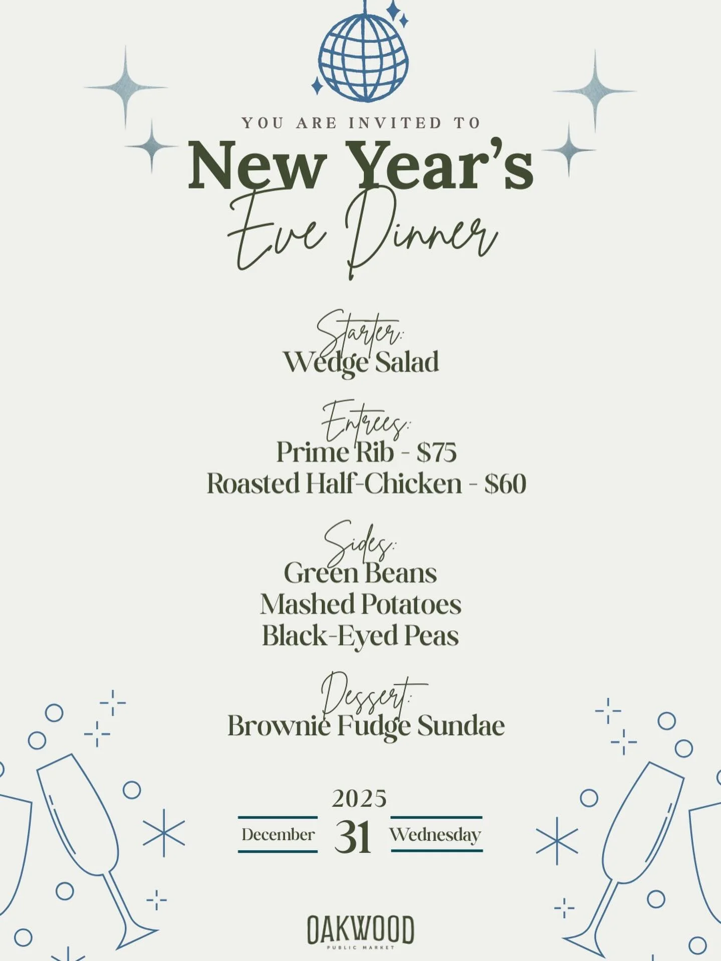 Still looking for New Year&rsquo;s Eve plans? We just found them. 🥂✨

Celebrate at Oakwood with a special 3-course dinner: Start with a classic wedge salad, then choose between slow-roasted Prime Rib or roasted Half Chicken, complete with garlicky g