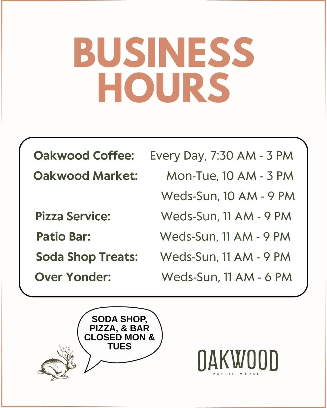 A quick hours update for our Market. 🛒
&bull; Mon&ndash;Tue: 10 AM&ndash;3 PM
&bull; Wed&ndash;Sun: 10 AM&ndash;9 PM