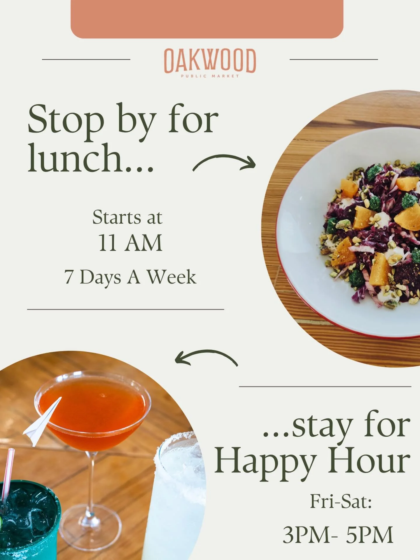 A good day starts with lunch and ends with happy hour. 🍴🍹

Join us from 11 AM on for great food, then roll right into a fun beverage (you deserve it) with Happy Hour from 3&ndash;5 PM, Monday&ndash;Friday.