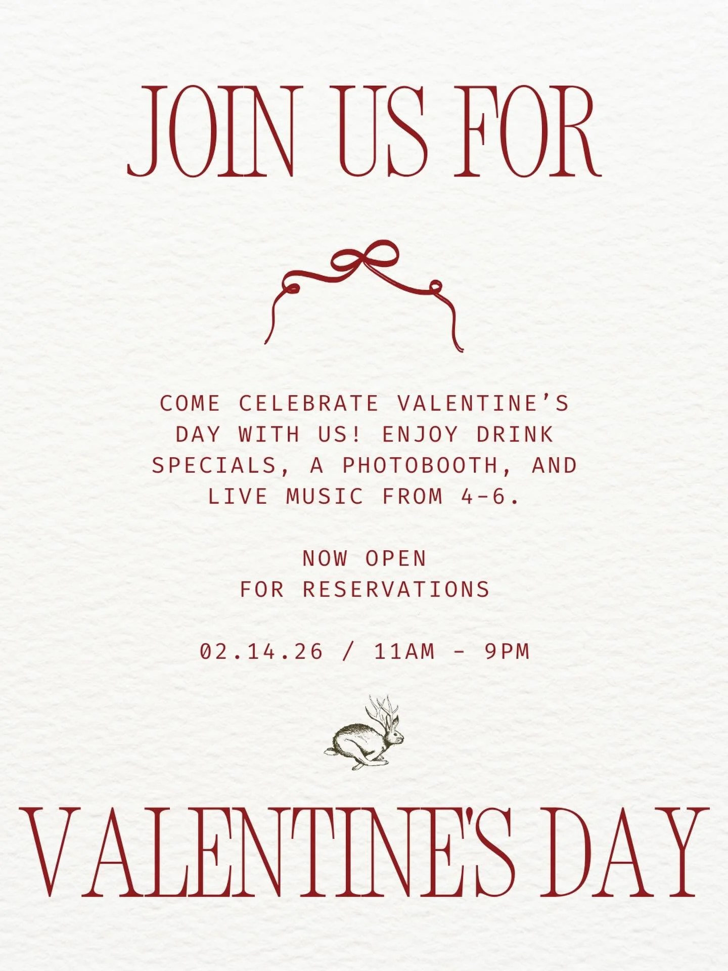 Need last-minute Valentine&rsquo;s Day reservations? We got you. ❤️

Join us for a day filled with great food, drinks, and live music from 4&ndash;6 to set the mood. Whether you&rsquo;re planning a date night or celebrating love in all its forms, you
