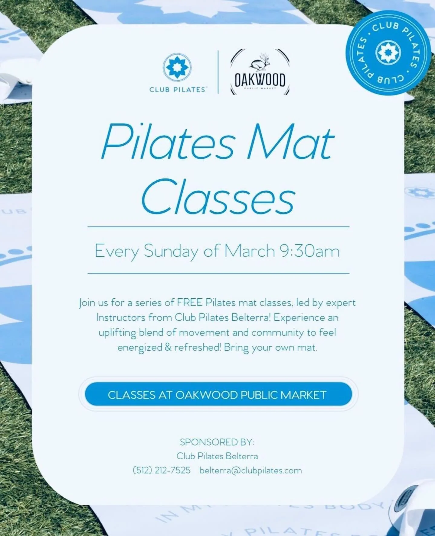 Your Sundays just got a little stronger. 💪🌿

Join us every Sunday in March at 9:30 AM for free mat Pilates at Oakwood, led by the amazing team at Club Pilates Belterra.

No registration needed &mdash; just bring your own mat, a friend, and get read