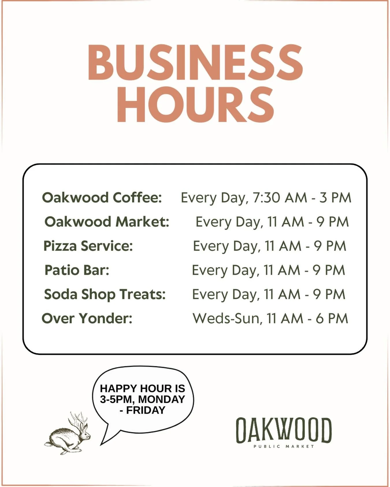 Good news &mdash; we&rsquo;re now open until 9PM, 7 days a week. 🌙

That means more time for dinner, drinks, sunset views, and late-night ice cream runs. See you at Oakwood.