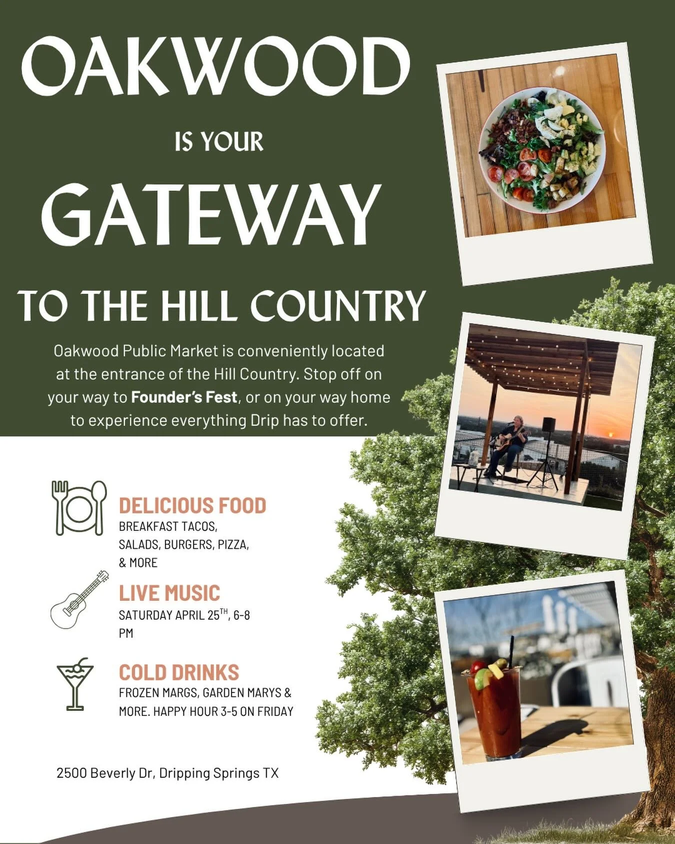 Your stop, right at the start of Hill Country. 🌿

Heading to Founder&rsquo;s Fest? Oakwood is right on the way &mdash; the perfect place to grab tacos, a cold drink, a few grab &amp; go snacks, and ease into the weekend.

And when the day winds down