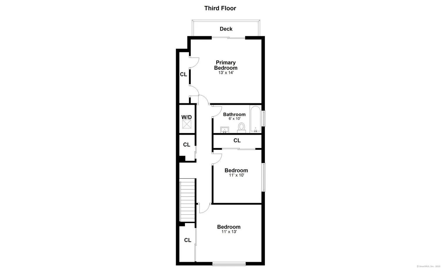 Floor plan of a third floor layout with a primary bedroom, two additional bedrooms, a bathroom, closets, and a deck.