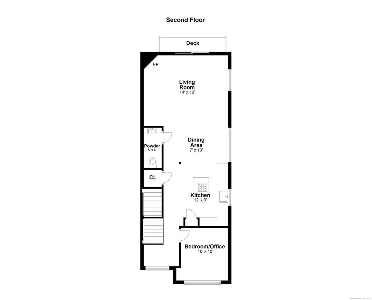 Floor plan of a second floor showing a deck, living room (14x16), dining area (7x13), kitchen (12x9), bedroom/office (10x10), powder room (8x4), and closet. Includes a fireplace marked as FP.