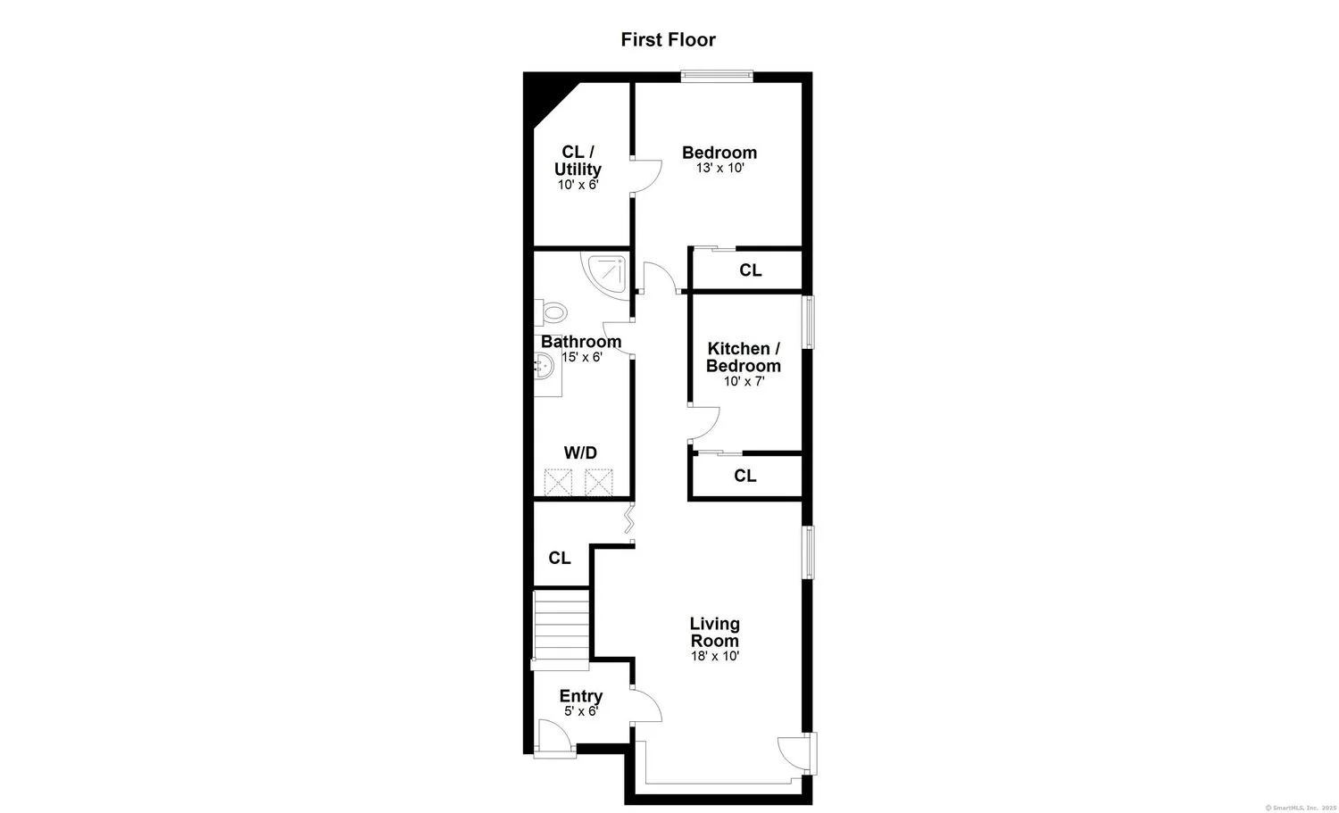 First floor layout with entry, living room, kitchen/bedroom, bathroom, bedroom, closets, and utility area.