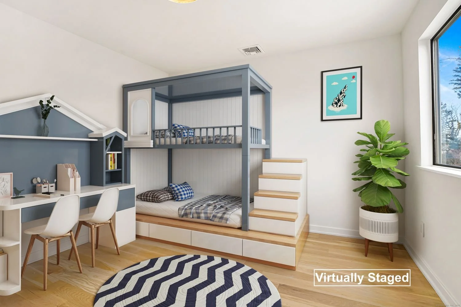 Virtually staged children's bedroom with bunk bed, study desk with two chairs, indoor plant, and framed wall art.