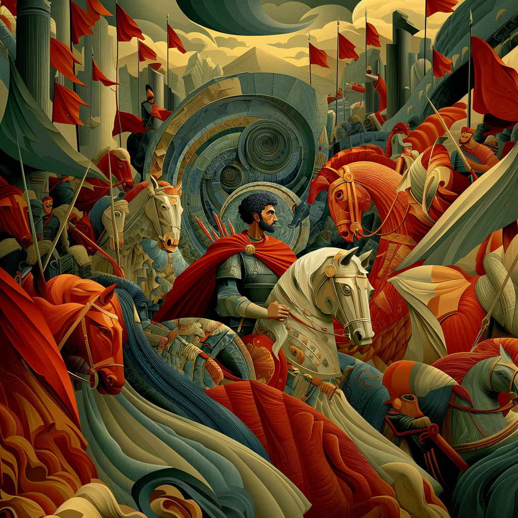 A digitally illustrated scene of medieval warriors on horseback, cavalry charging forward with red flags. The central figure is a man with dark curly hair and a beard, wearing armor and a red cape, riding a white horse. The background features a swir