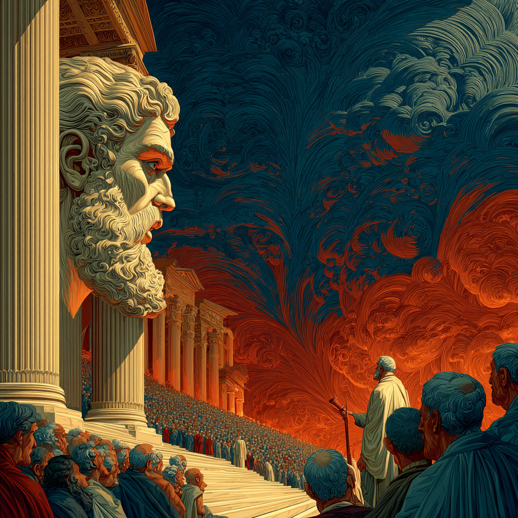 Illustration of a large gathering of people in front of ancient Greek-style columns with a giant head sculpture of a bearded man on the left side, against a dramatic sky with swirling red and blue clouds.