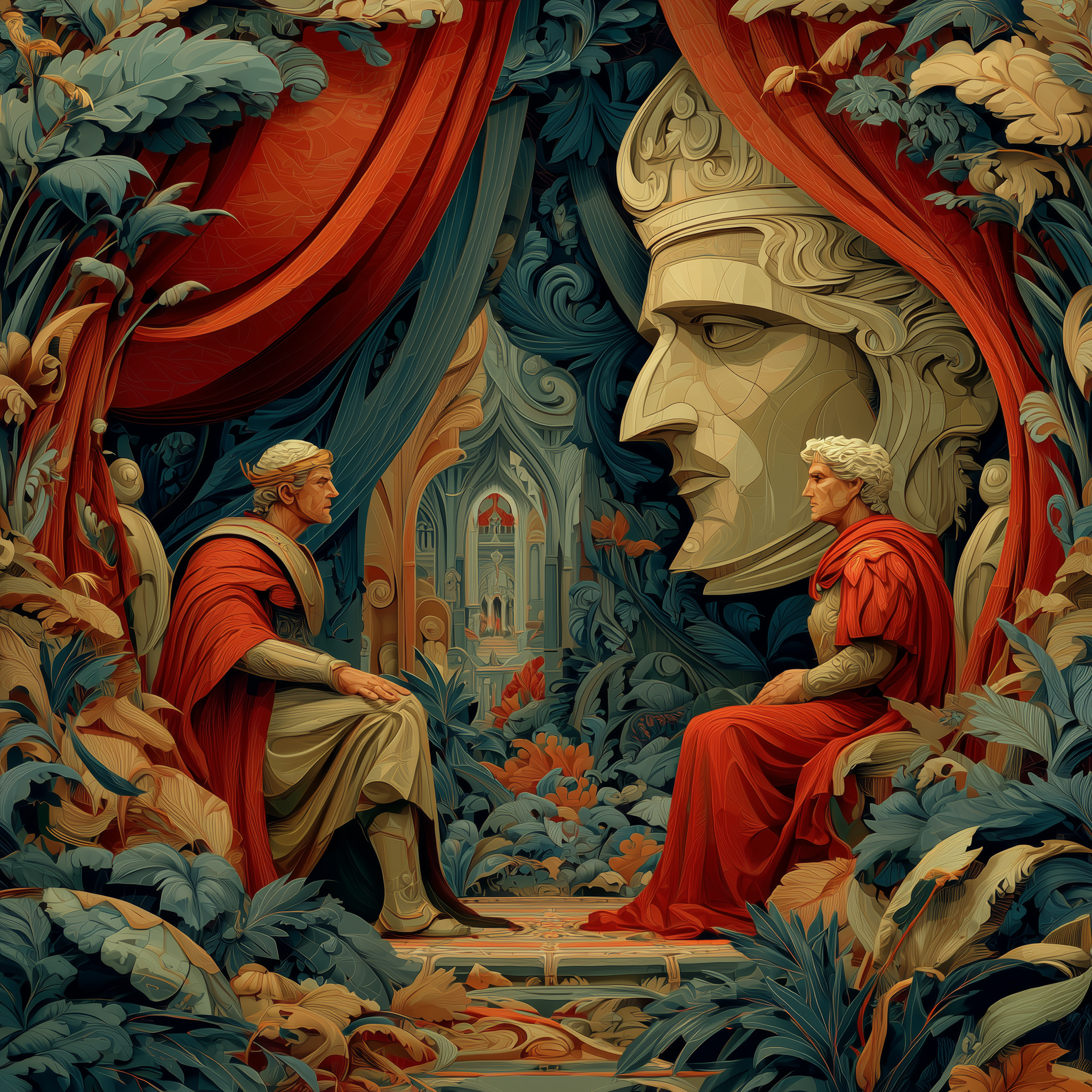 Two stylized figures in robes sit facing each other in a lush, forested setting with large leaves and plants. A giant stone face sculpture, partially covered by red drapery, overlooks them. In the background, an ornate interior with arched windows an