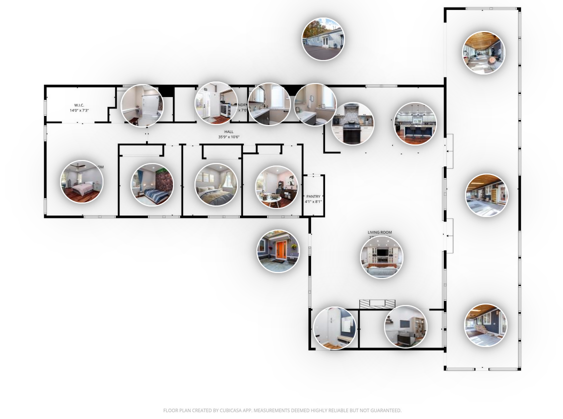 Floor plan of a house with interior rooms and exterior views, including bedrooms, kitchen, living room, pantry, hall, and outdoor areas.