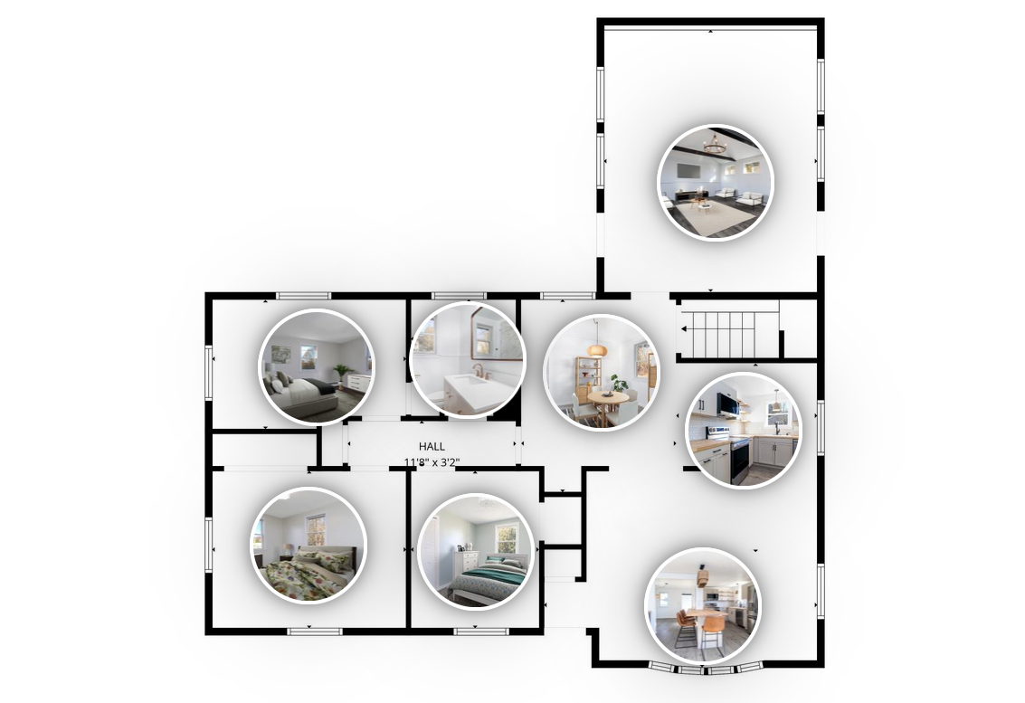 Floor plan of a house with interior rooms, including a living room, kitchen, dining area, bathroom, and bedrooms, with circular inset photos of furniture and decor.
