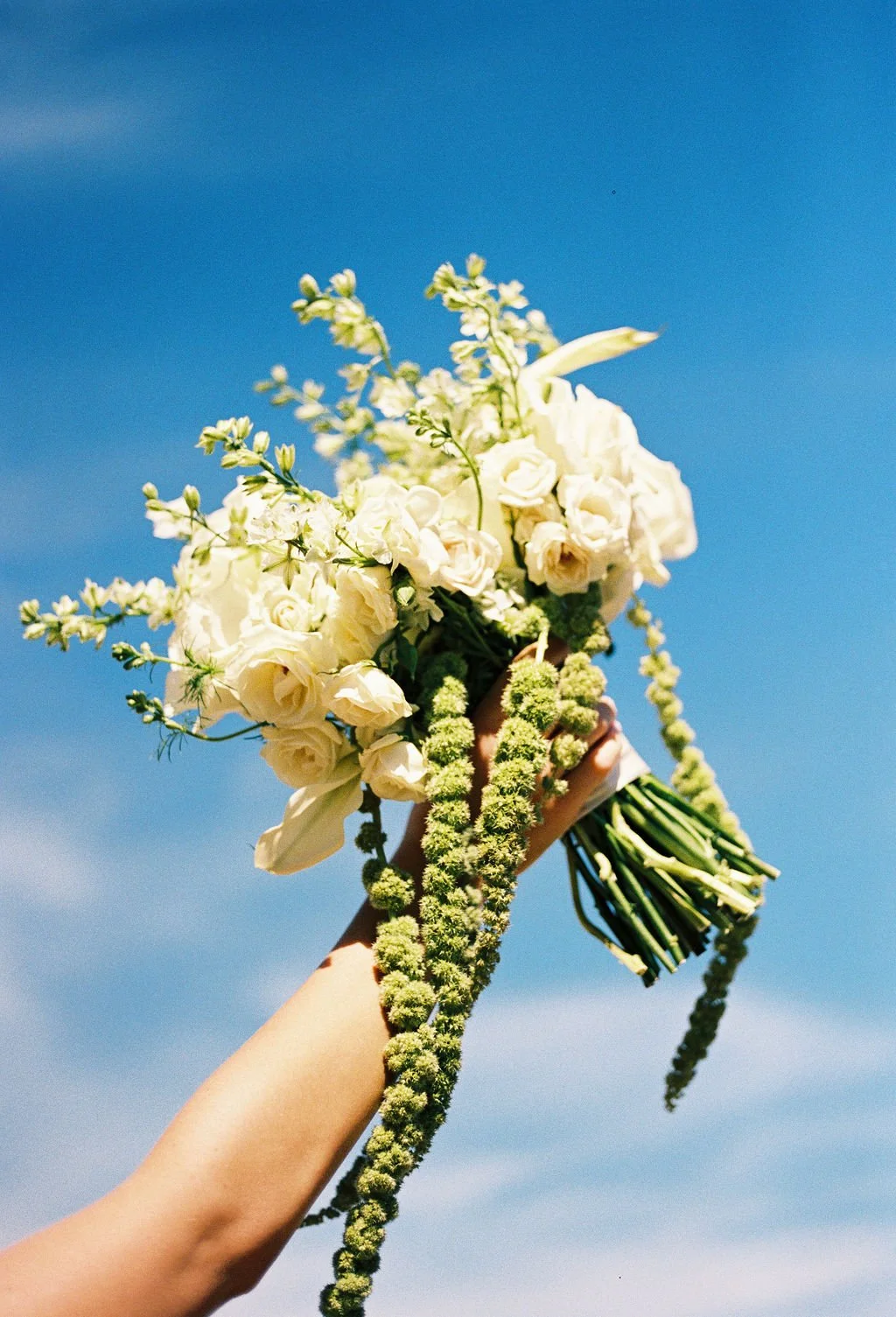 A film image of a bride holding up her bouquet, the bouquet filled with larkspur, spray roses, and hanging green amaranthus