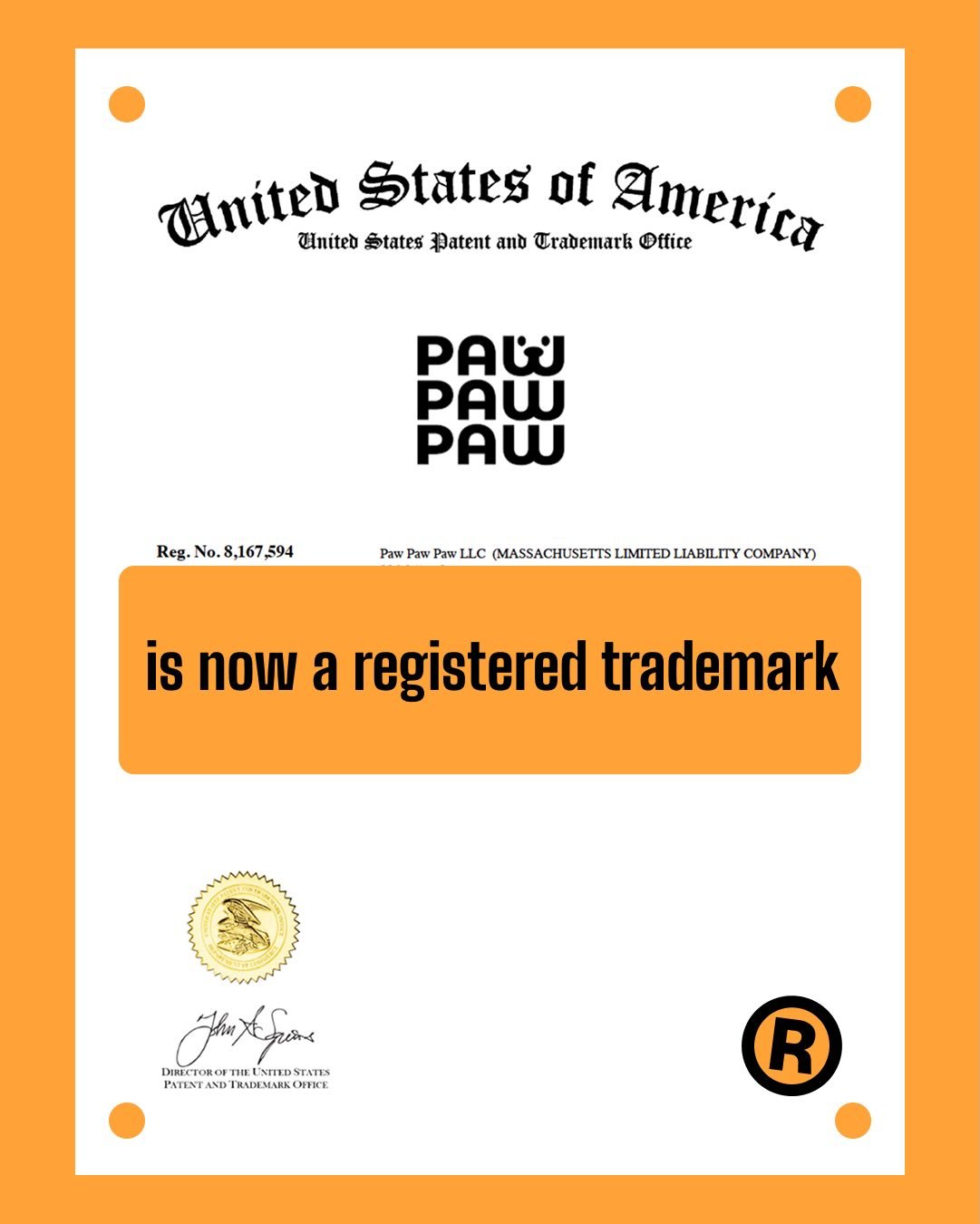 After six months of waiting, PAW PAW PAW&reg; is officially registered with the US Patent Office.

A small symbol, but a meaningful milestone for us.
We&rsquo;re excited to keep growing PawPawPaw into a trusted pet brand!

Thank you to everyone who&r