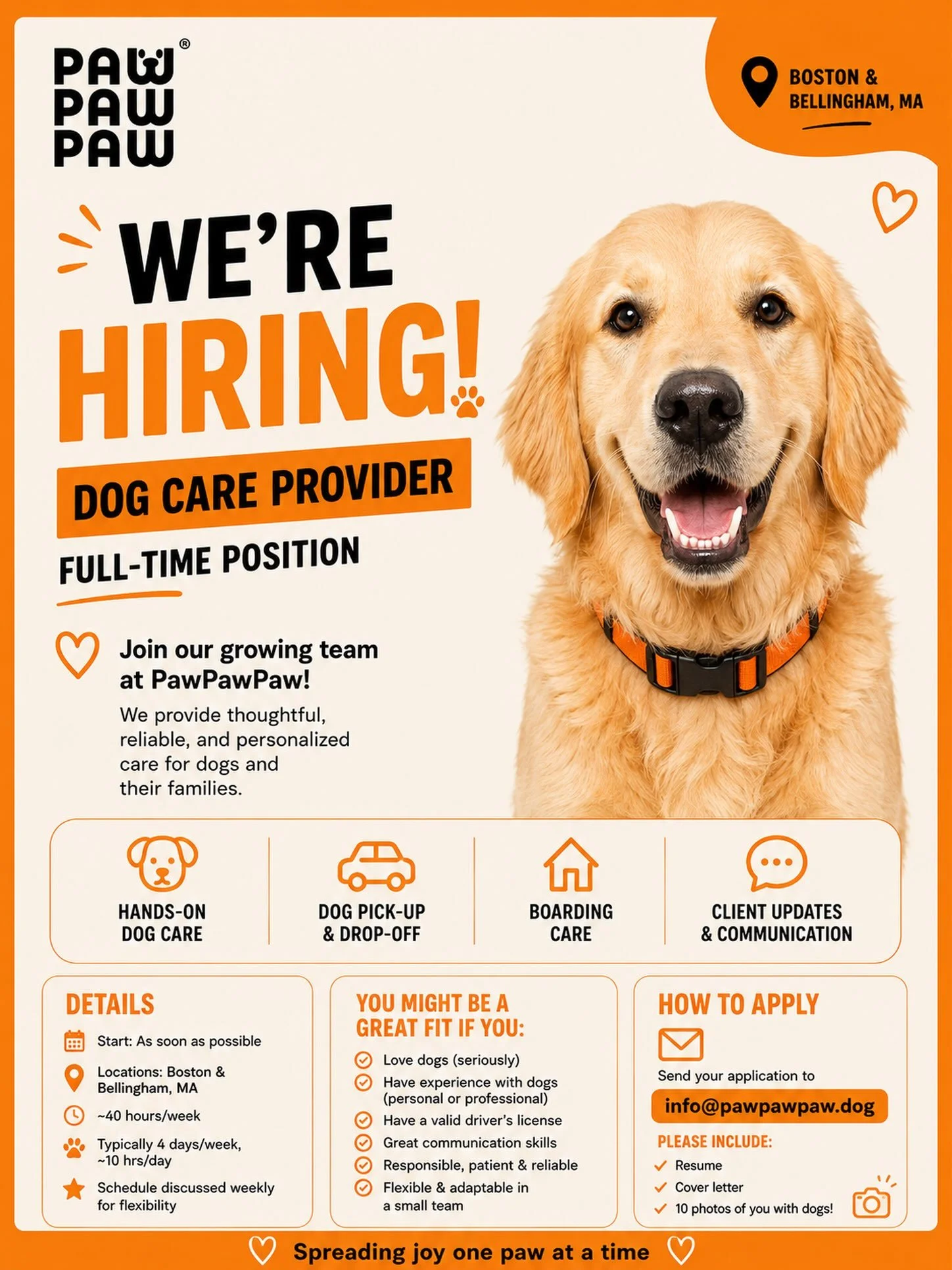 Your coworkers bark. Your office has paws. 🐶

If that sounds like your dream job, we&rsquo;d love to hear from you.

📍Greater Boston Area
📩 info@pawpawpaw.dog

#boston #hiring #bellingham #petservice #bostondog