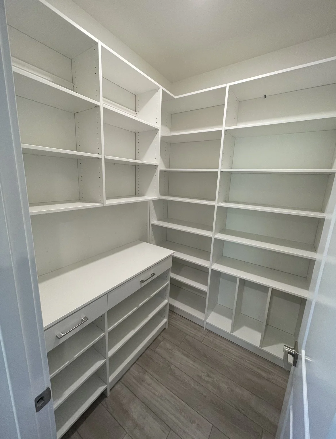 custom pantry storage solution with extra shelving storage, dividers, and drawers