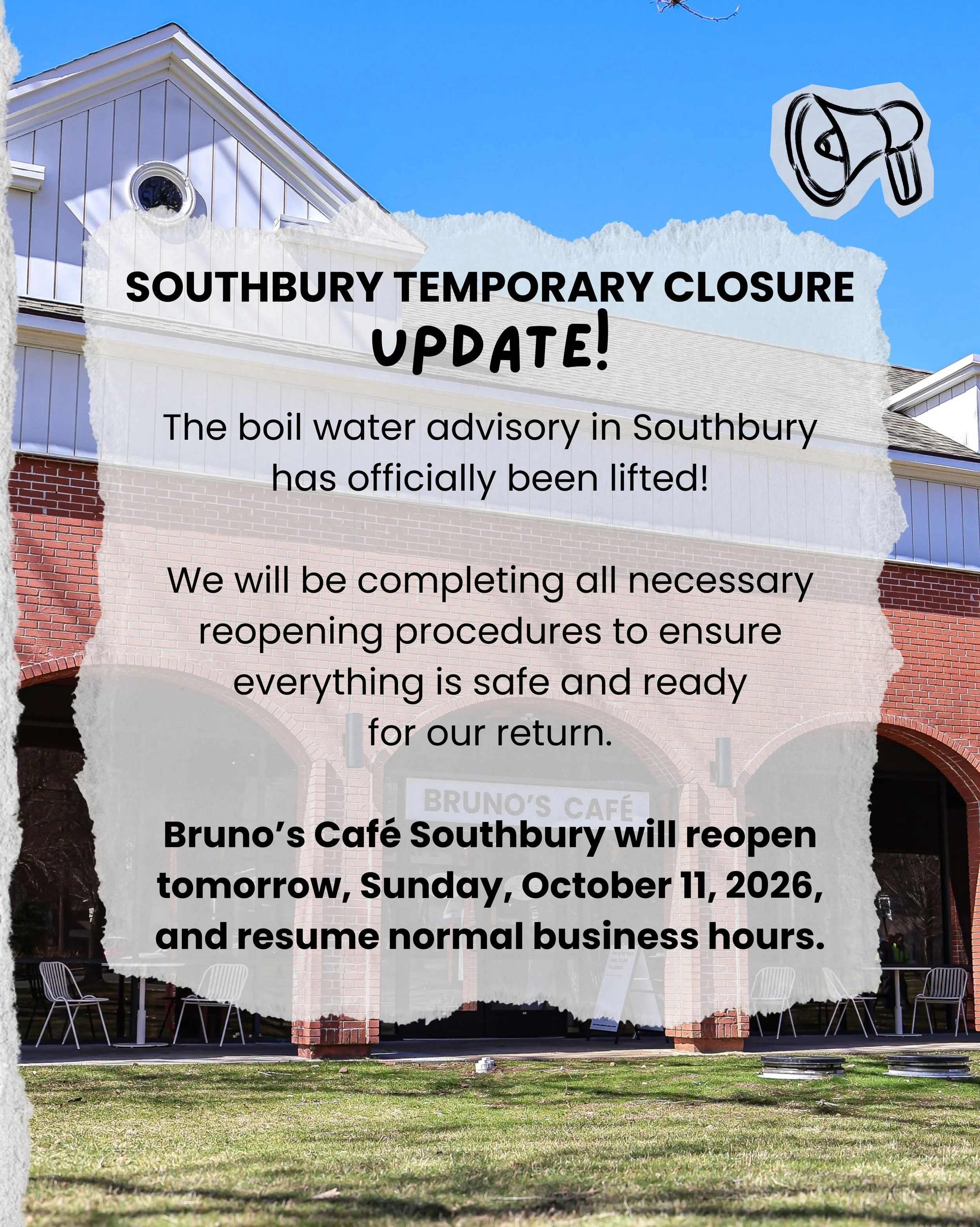 Good news, Southbury! We&rsquo;re back in business tomorrow.

A little unexpected time off wasn&rsquo;t exactly on our bingo card, but we&rsquo;re glad it was short-lived. Thank you to everyone for your patience and understanding throughout the closu