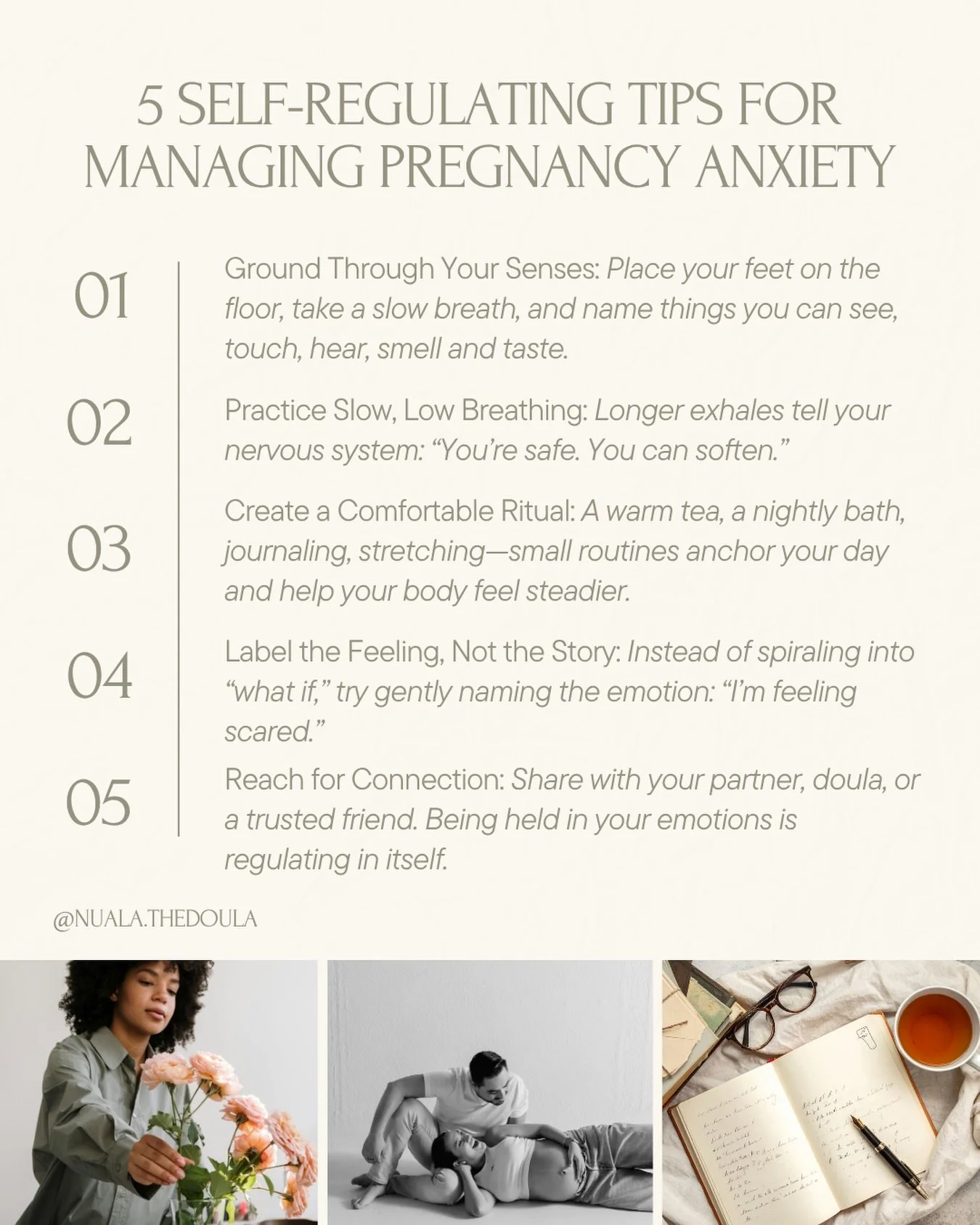 Pregnancy brings all the feels&mdash;and that includes moments of worry, overwhelm, and anxiety 🤍

A gentle reminder to:
✨Slow your breath 
✨Limit information overload
✨Ground into your body with movement, warmth, and connection
✨Share what you&rsqu